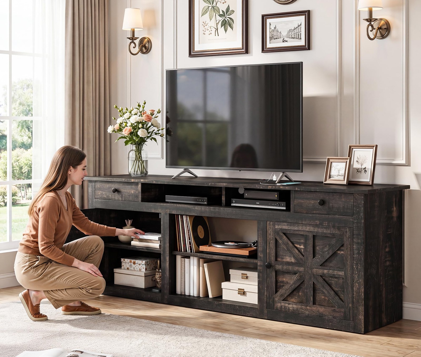 TV Stand 70 Dark Rustic Oak Entertainment Center Power Outlet MAYIHQeik7 75/80 gallery