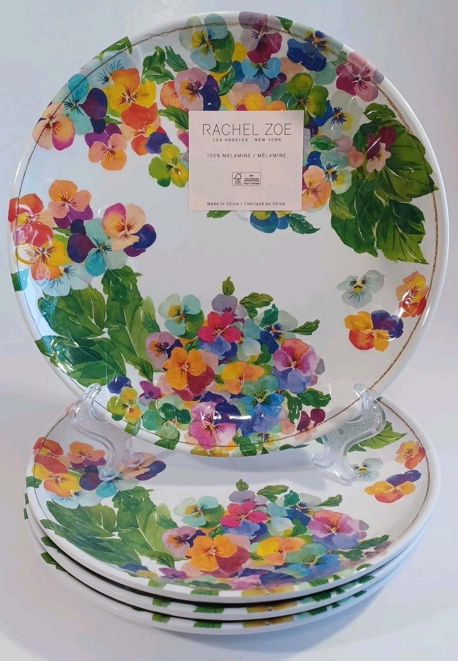 Set / 4 Rachel Zoe Melamine 9" Salad Plate Set Pansies Vibrant Colors, New gallery
