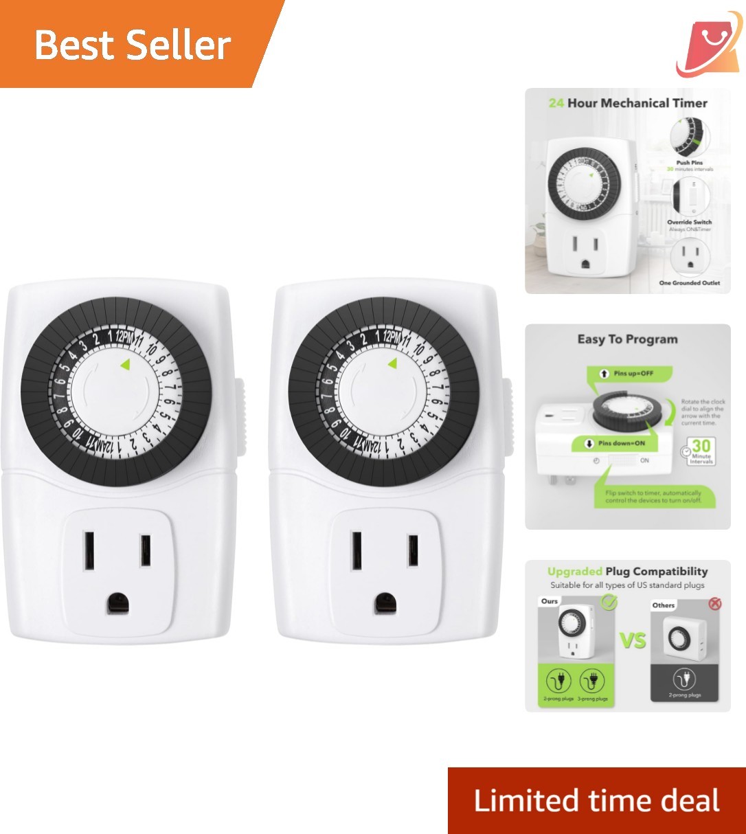 Indoor Mini Mechanical Outlet Timer 3-Prong 24-Hour 2-Pack for Lamps Devices gallery
