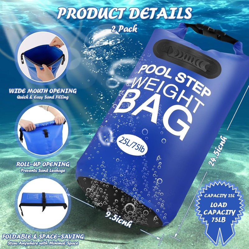 2 Pack 25L Waterproof Pool Step Weights - Durable 75lbs Capacity Blue Bags gallery