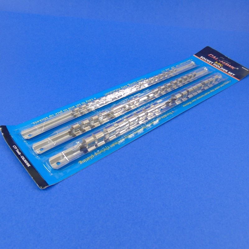 Cal-Hawk 3 Pc Socket Holder Set 1/4" 3/8" 1/2" Drive Spring Steel Organizer Rail gallery