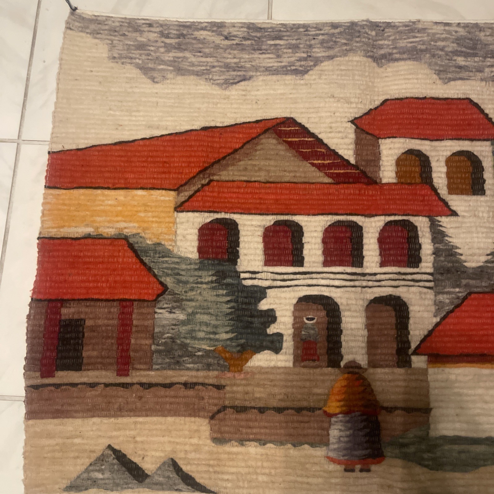 Peruvian rug for floor or wall, Llama wool  Andean scene & houses Folk Art gallery