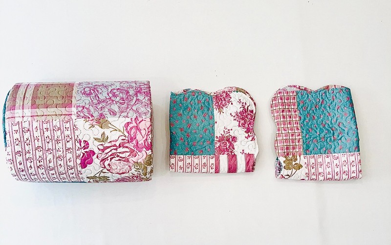 3-Piece Queen Size Printed Patchwork Cotton Quilt Set - Navy Flower Floral Strip gallery
