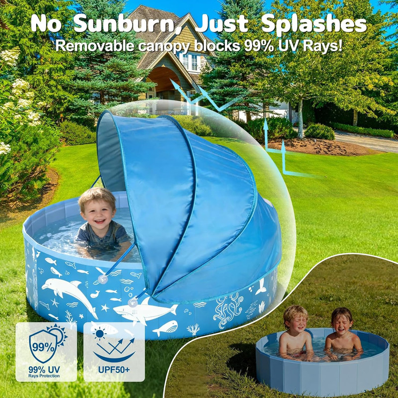 55” Extra Large Kiddie Pool with Canopy, UPF 50+ Sun Shade Baby Pool, No Inflat gallery