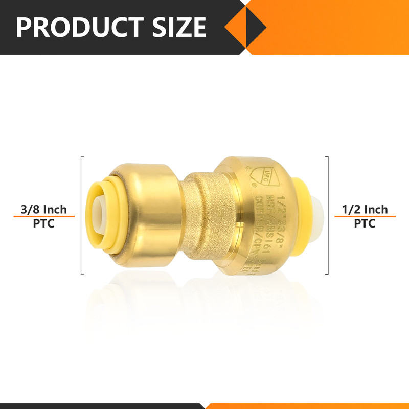 EFIELD (2 to100 Pack) 1/2"Push Fit×3/8"Reducing Coupling Brass Fitting Lead Free gallery