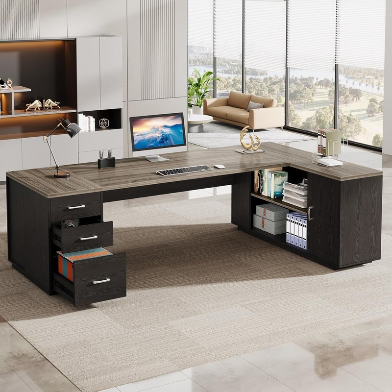 85.8 Inch Large Executive Desk, L-Shaped Modern Office Desk with File Drawers gallery