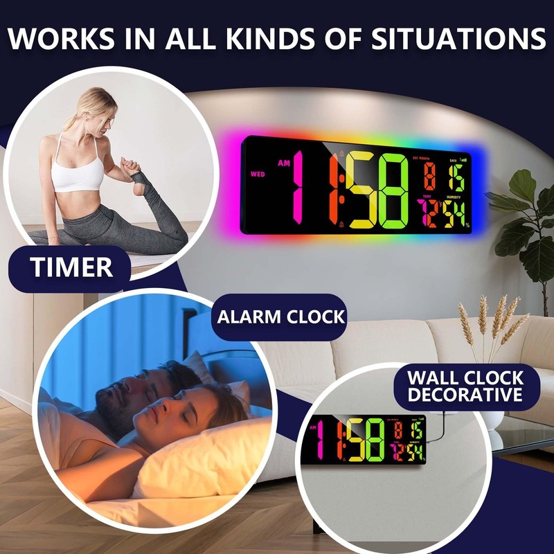 Large Digital Wall Clock 16.5", Count Down Timer, Bluetooth Sync Time, Alarm,... gallery