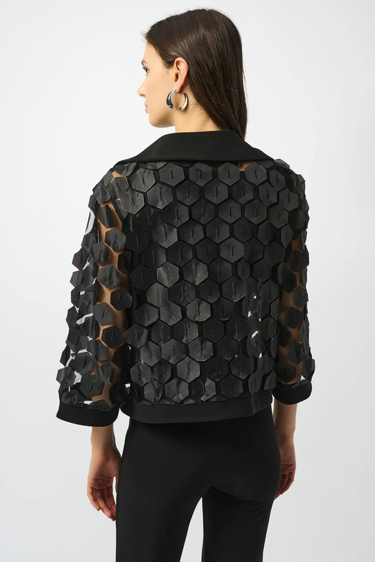Joseph Ribkoff Black/Silver Collared Embroidered Mesh Trapeze Jacket 253089 gallery