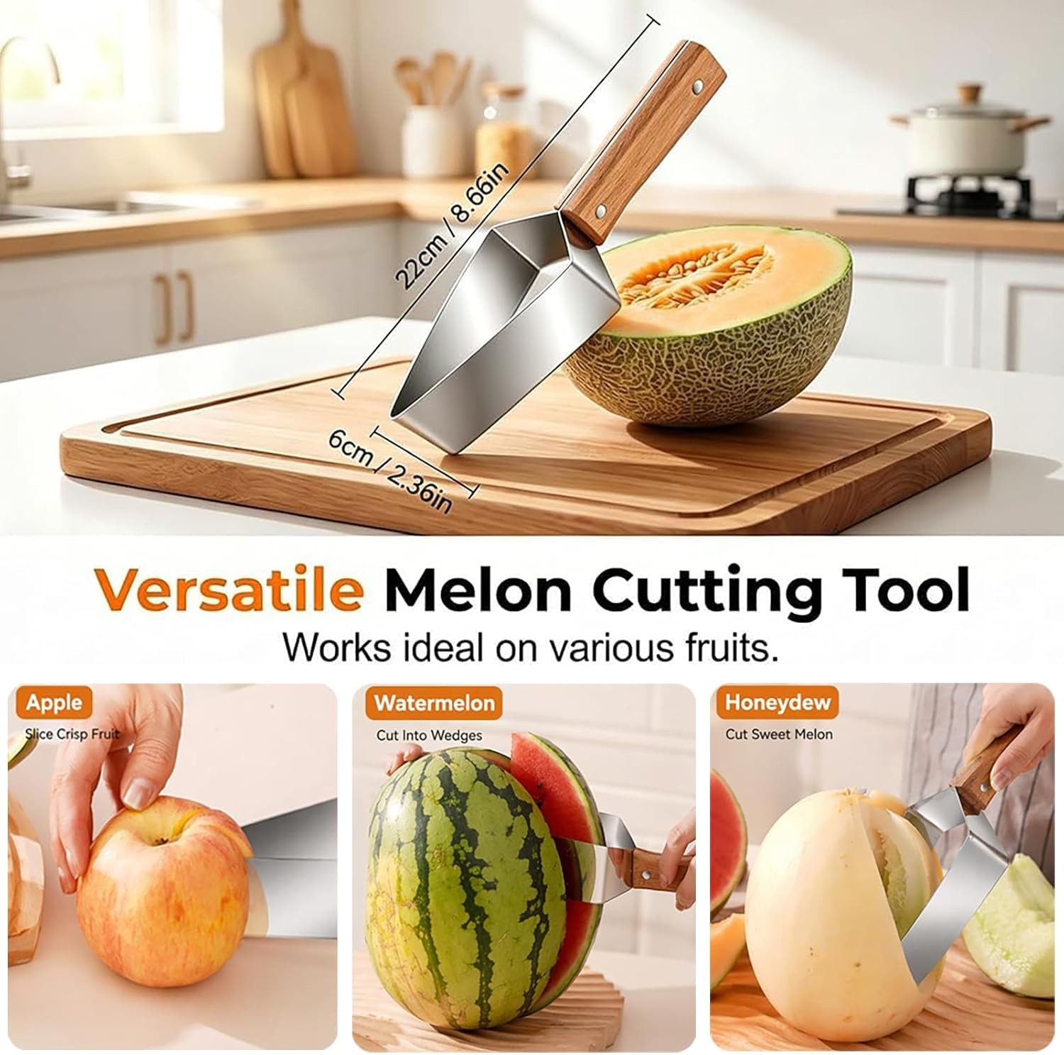 Stainless Steel Watermelon Slicer Cutter, Triangle Fruit Cube Cutter with Wooden gallery