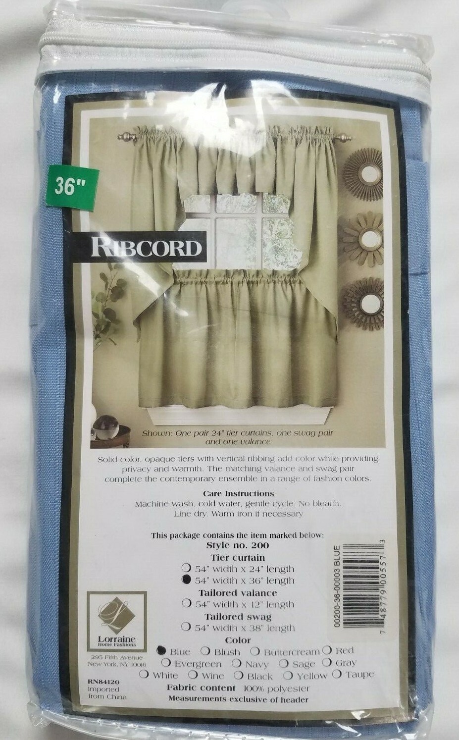 Lorraine Ribcord Solid Color Kitchen Tier Curtain Pair 54W x 36L Blue NWT gallery