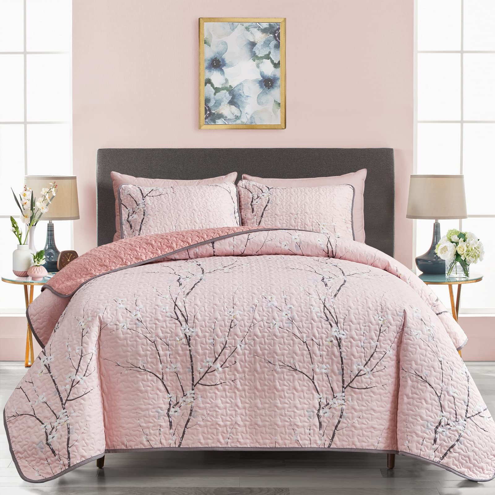 UOZZI BEDDING 3 Pieces Reversible Pink Branch Quilt Queen(88x88), gallery