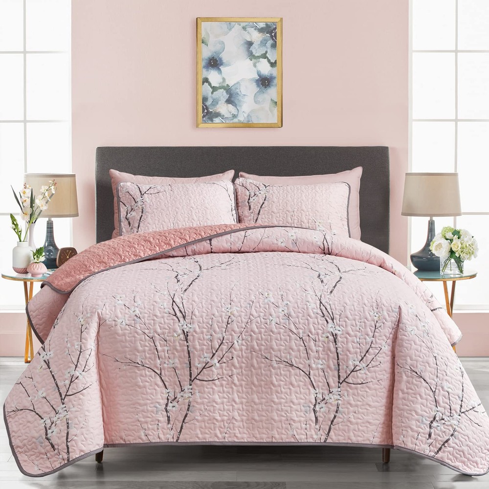 UOZZI BEDDING 3 Pieces Reversible Pink Branch Quilt Queen(88x88),