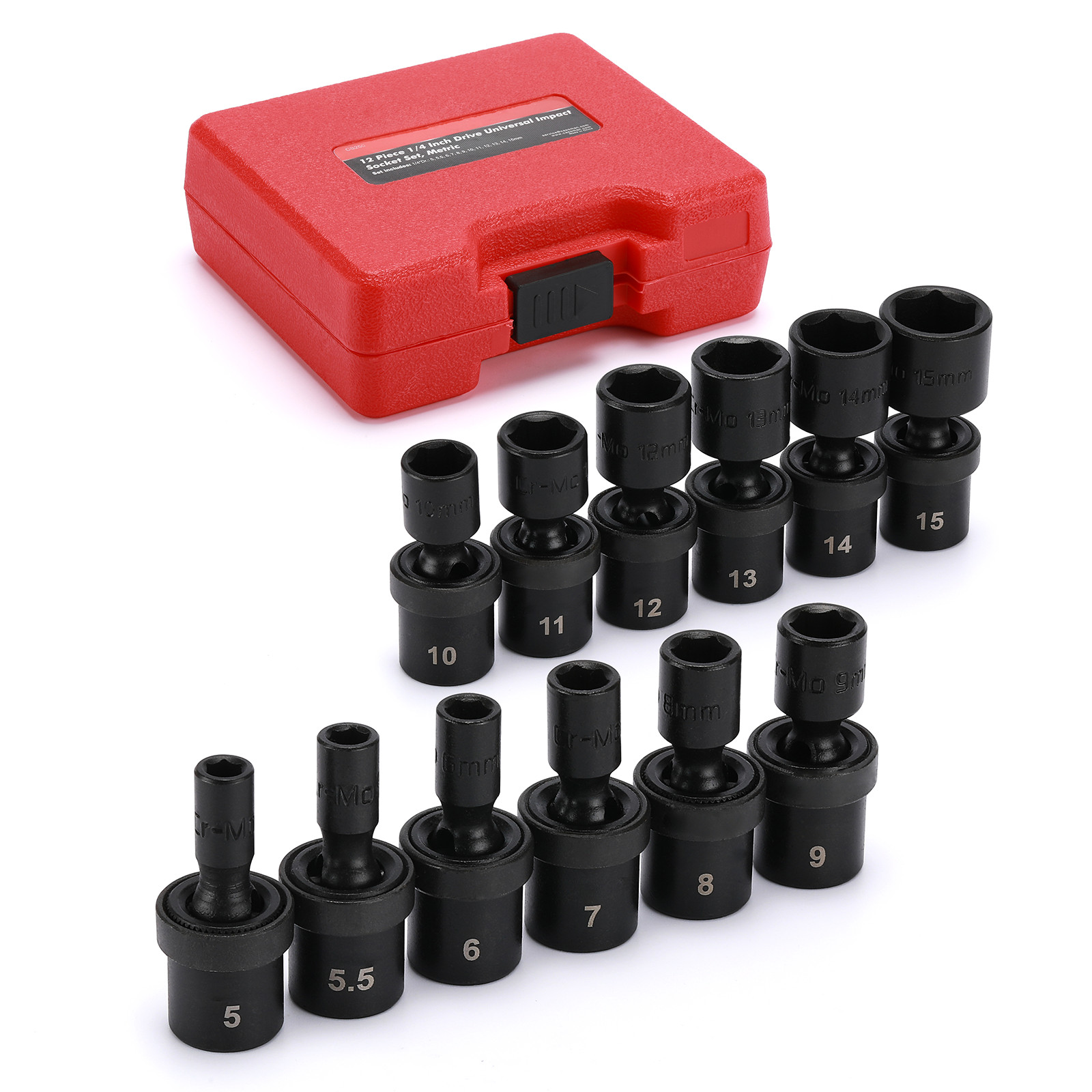 12pcs 1/4-Inch Impact Socket Set Metric 5mm to 15mm 6-Point Cr-Mo Swivel Socket gallery
