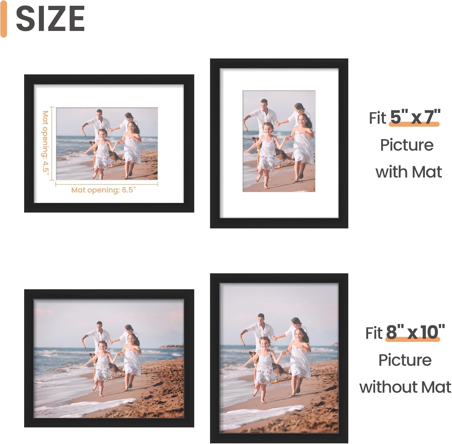 Upsimples 8X10 Picture Frame, Display Pictures 5X7 with Mat or 8X10 without Mat, gallery