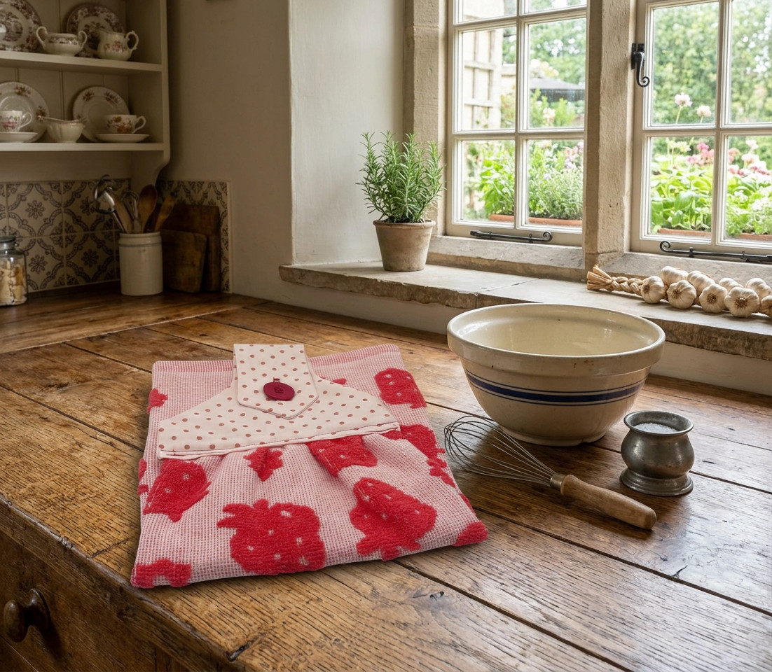Handmade Strawberry Dishtowel With Red Embossed Strawberries on Pink Terry Towel gallery