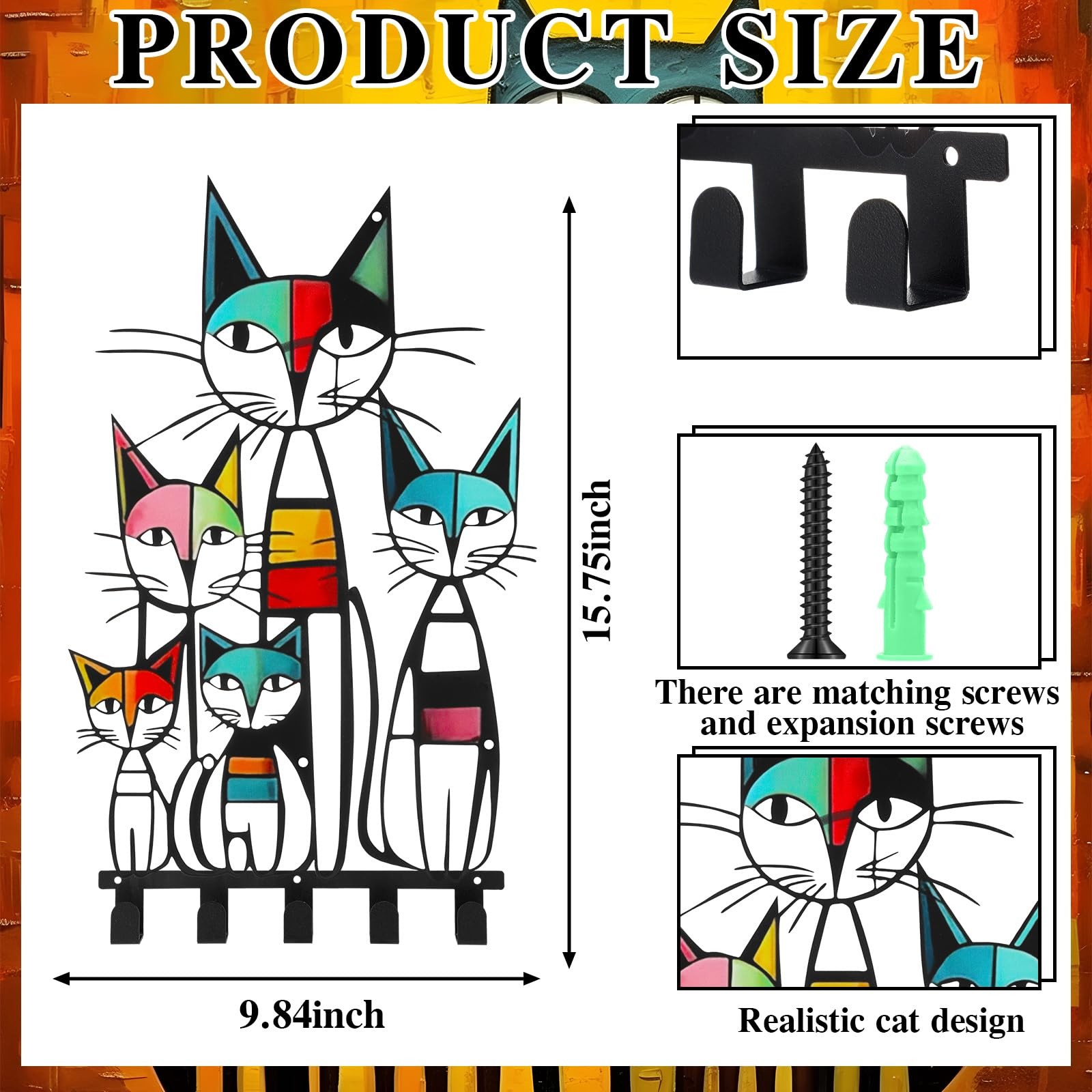 Mid Century Wall Mounted Coat Rack with 5 Hooks Retro Colorful Cat Wall Art D... gallery