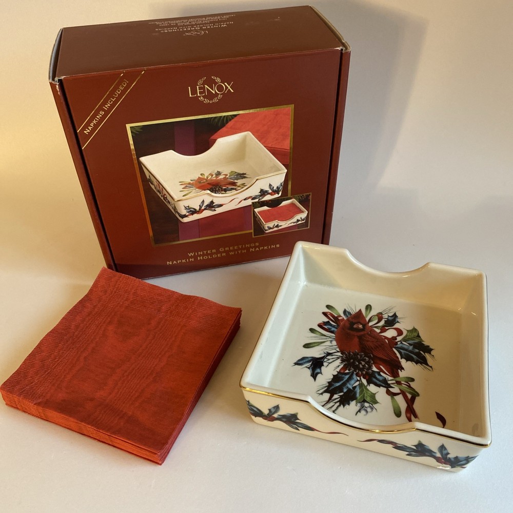 Lenox WINTER GREETINGS Ceramic Napkin Holder (with Napkins); IN BOX; Cardinal