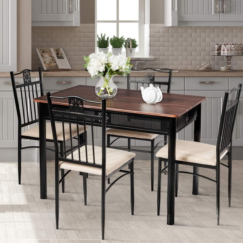 Sturdy Dining Table Set with Dark Brown Wood Top and Easy Assembly Instructions gallery