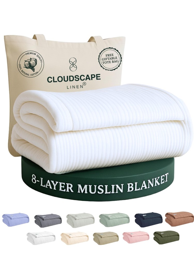 CLOUDSCAPE 8 Layer Muslin Blanket for Adults, 100% Cotton Queen Size Blankets...