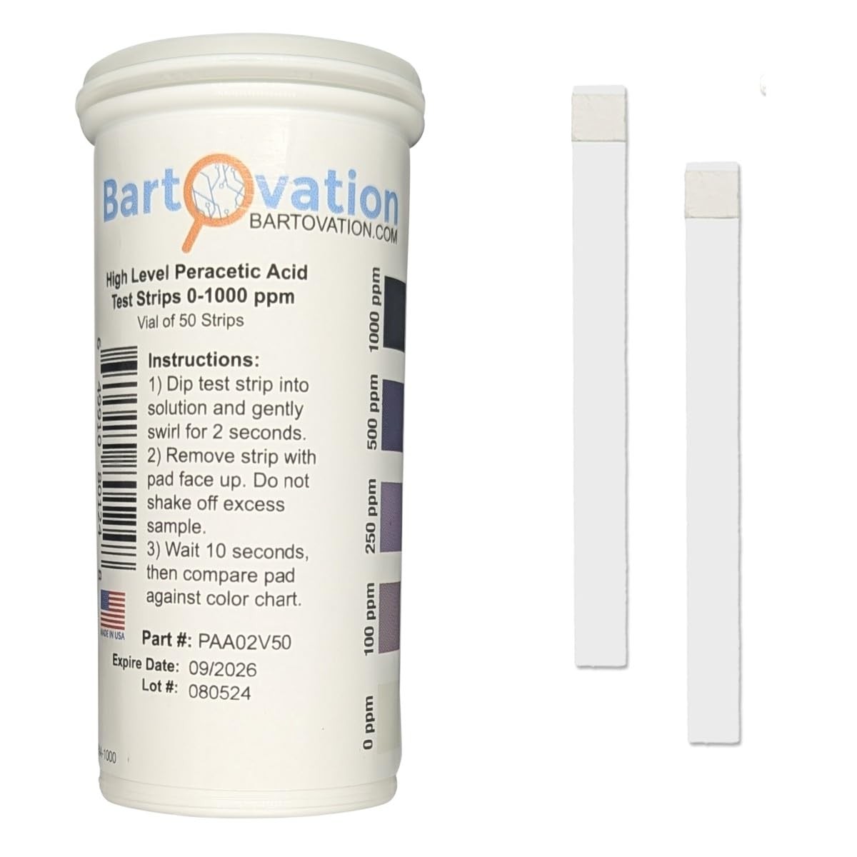 Peracetic Acid Test Strips, High Level, 0-1000 ppm [Vial of 50 Strips] gallery