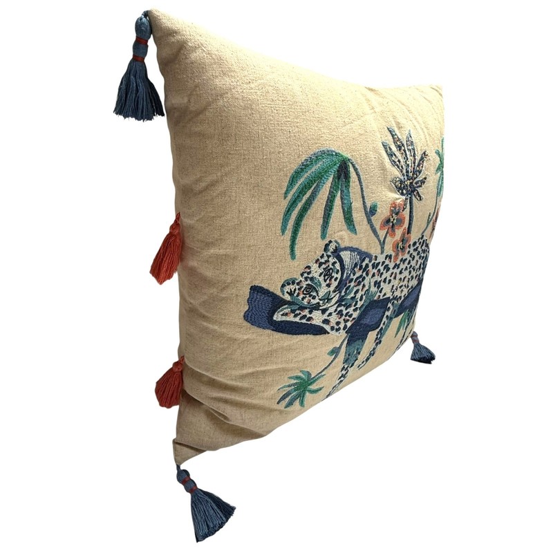 Opalhouse Embroidered Blue Leopard Throw Pillow Linen Tassels Palm Trees Jungle gallery
