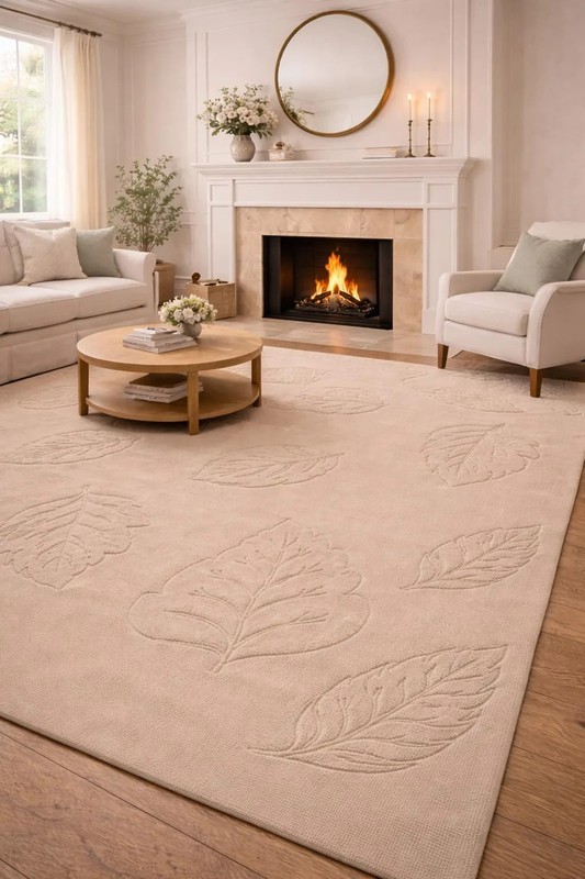 Hand Tufted Loop & Cut Pile Leaf Design Rug – Modern Textured Wool Carpet 8x10 gallery