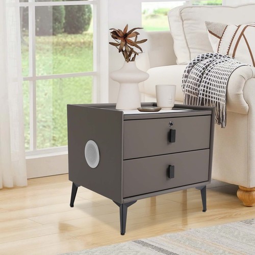 Dark Grey 2-Drawer Nightstand Fingerprint Lock Qi Charging Bluetooth Speaker gallery