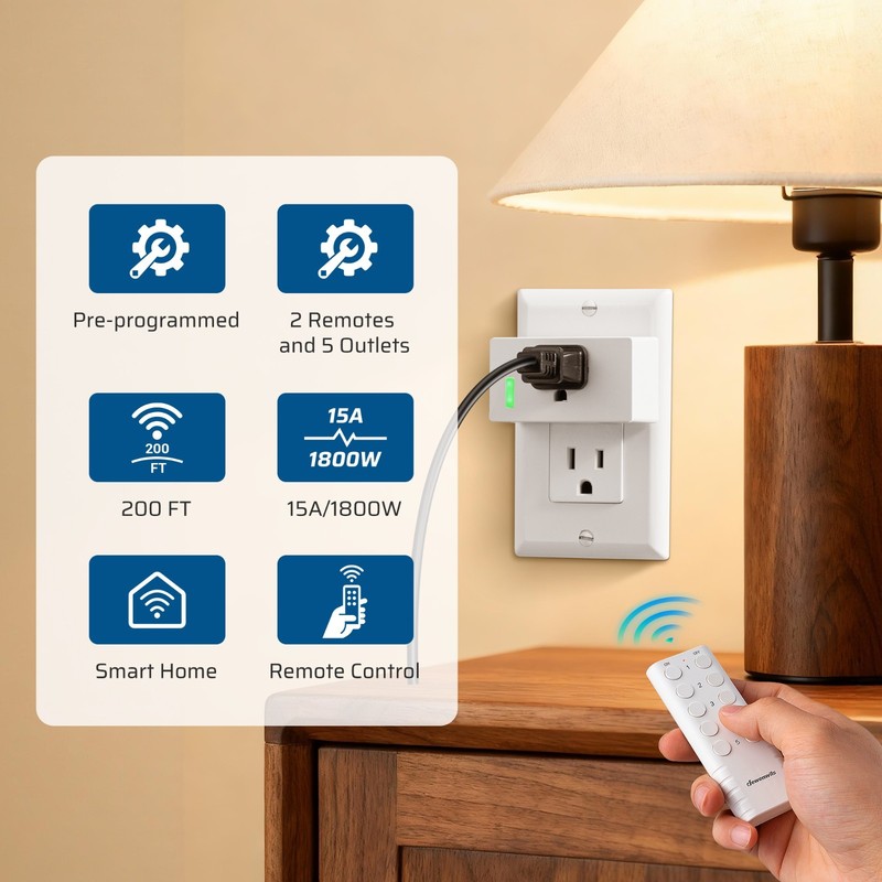Wireless Remote Control Outlet 5 Outlets 2 Remotes 200FT Range for Lights Fan gallery