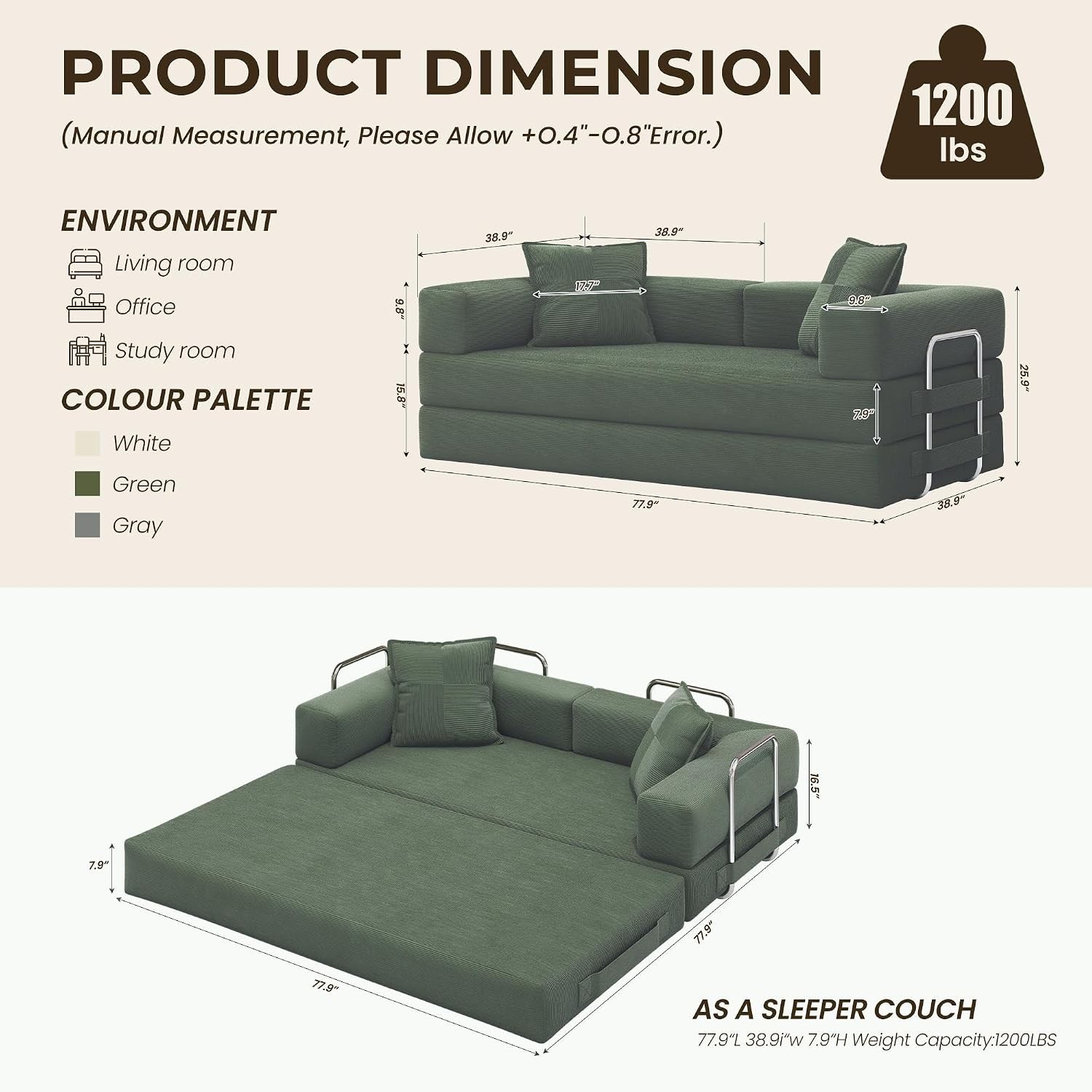 78 Inch Convertible Sofa Bed, 5-in-1 Futon Sofa Bed Pull Out Couch, Boneless Cou gallery