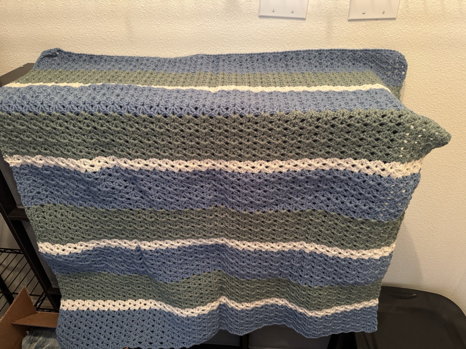 Handmade Crochet Striped Throw Blanket Textured Blue Green White 54 x 39 gallery