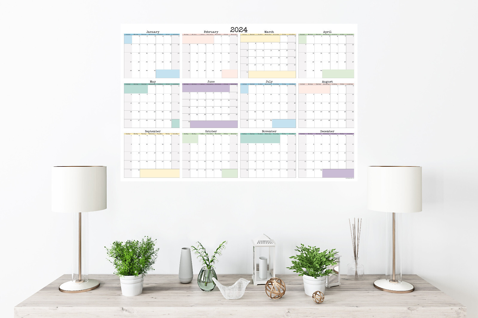 Large Wall Calendar, Annual Planner, Start On Any Month, 36" x 24" or 24" x 16" gallery