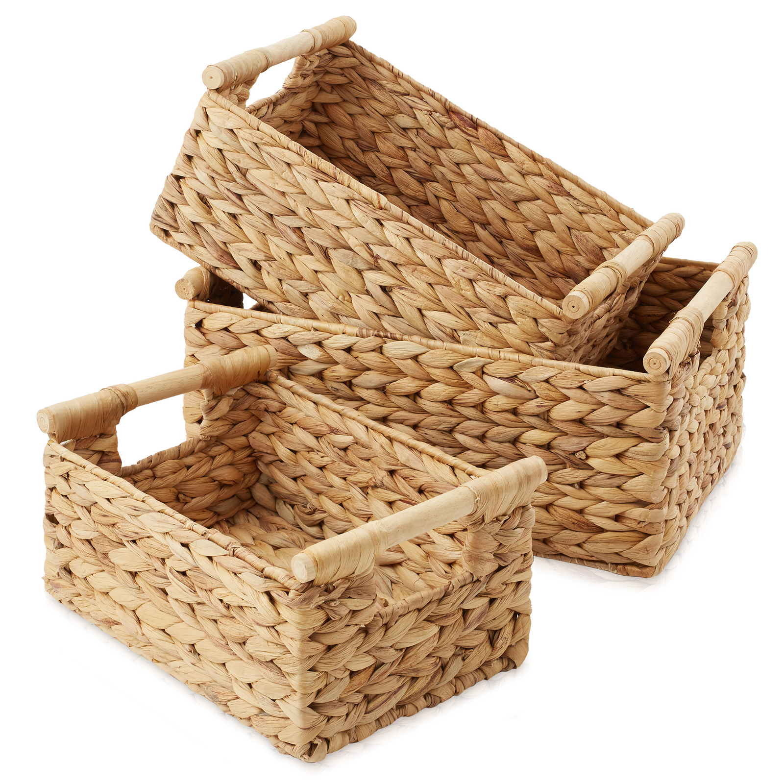 3-Piece Hyacinth Rectangular Storage Basket Set w/ Wood Handles, Natural Wicker gallery