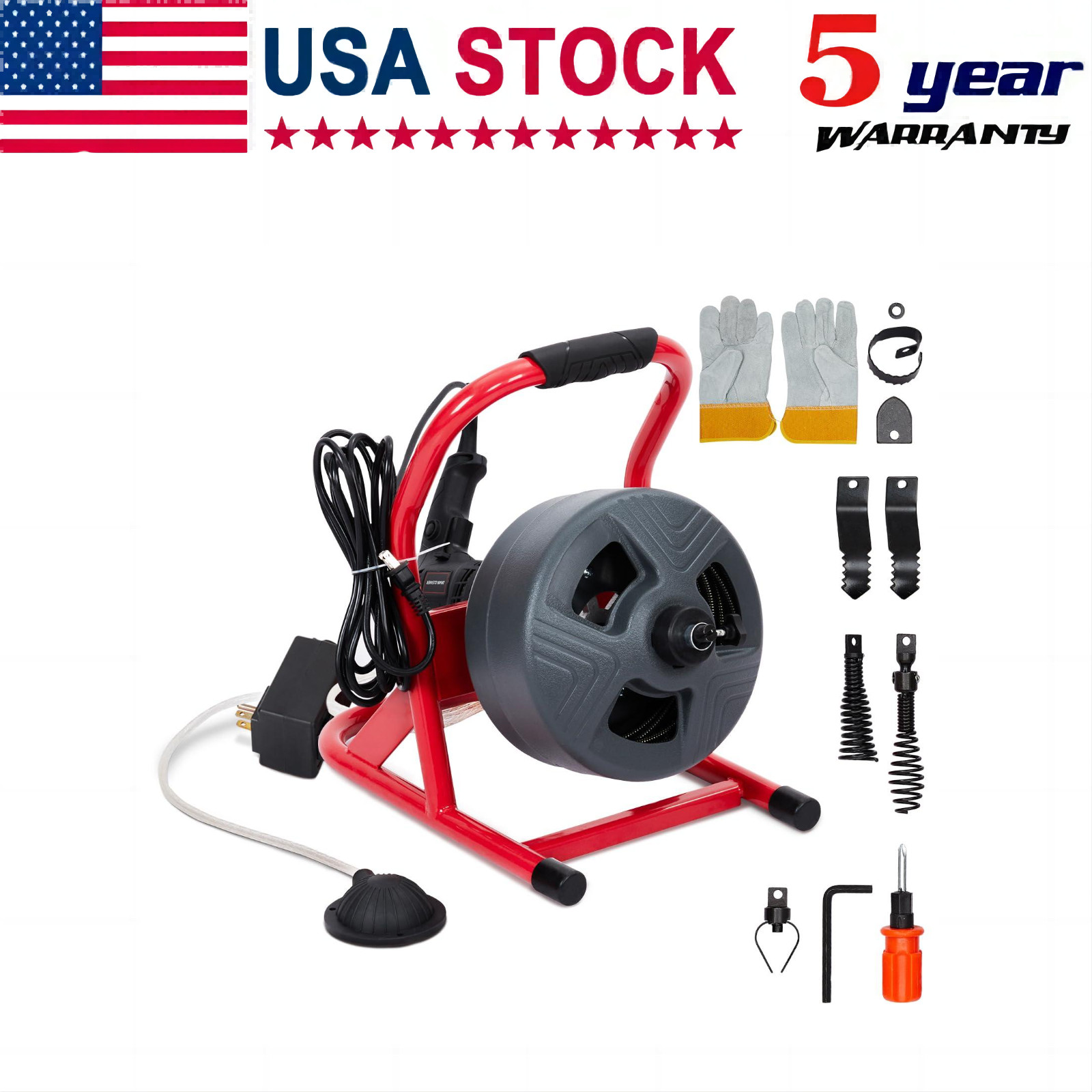 50FT x 5/16"Drain Cleaner Machine, Sewer Snake Auger Auto Feed w/6 Cuttes, Glove gallery