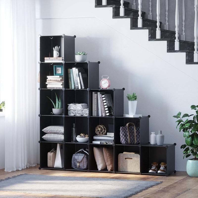 Functional 16-Cube Storage Unit - Black Plastic Organizer, Space-Saving Design gallery