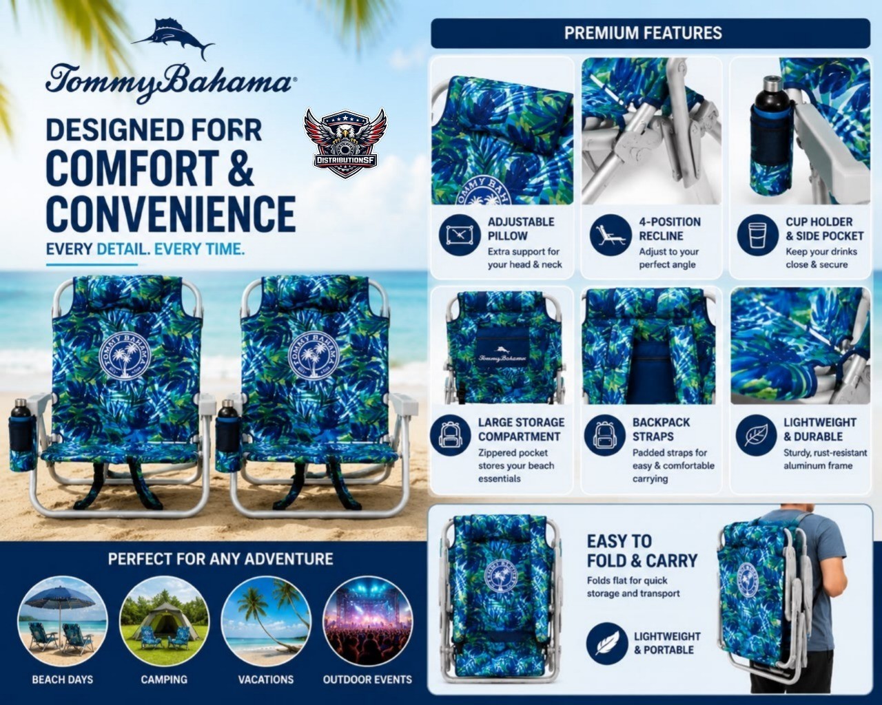 Tommy Bahama Backpack Beach Chair 2-Pack Folding Reclining Beach Chairs Cup gallery