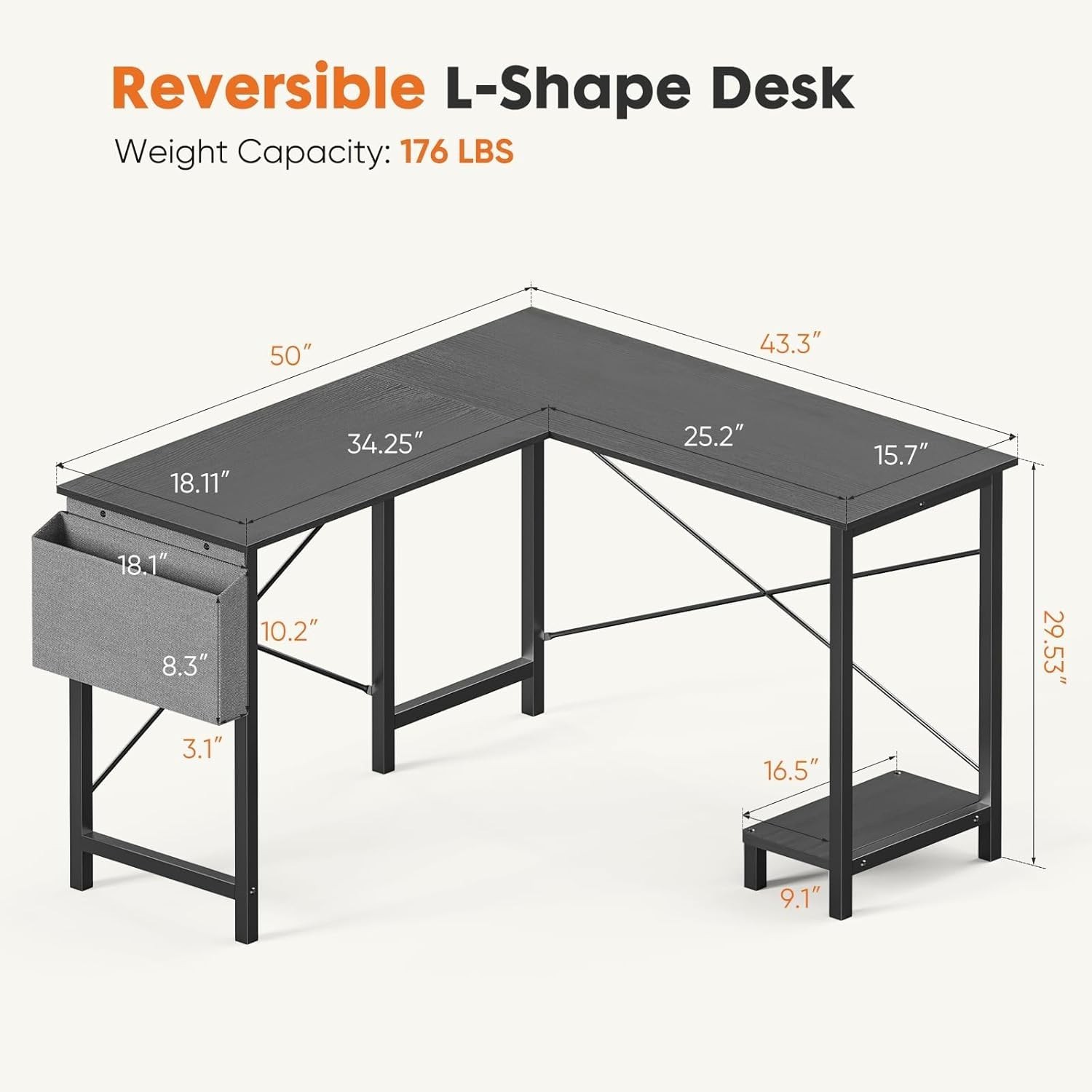 L Shaped Desk 50 Inch Corner Computer Gaming Desk with CPU Stand Side Bag Black gallery
