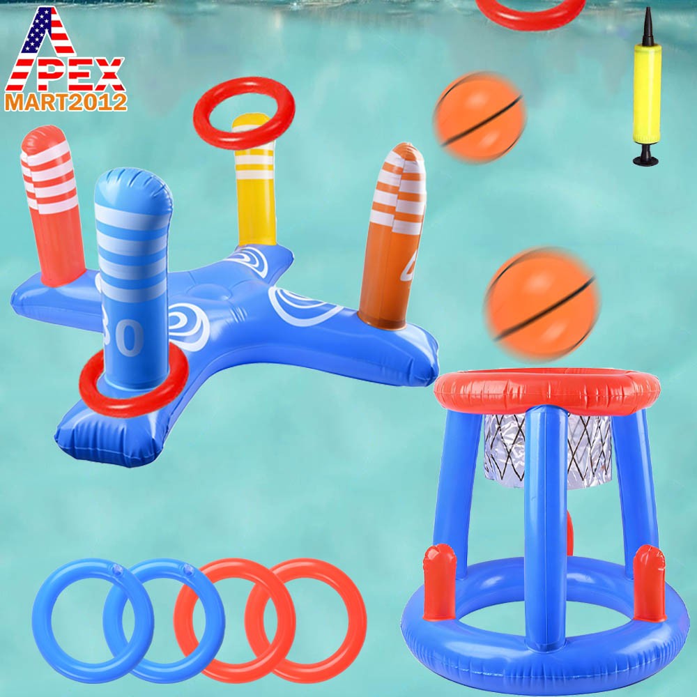 Inflatable Floating Swimming Pool Game Set Family Basketball Hoop Ring Toss Toys gallery