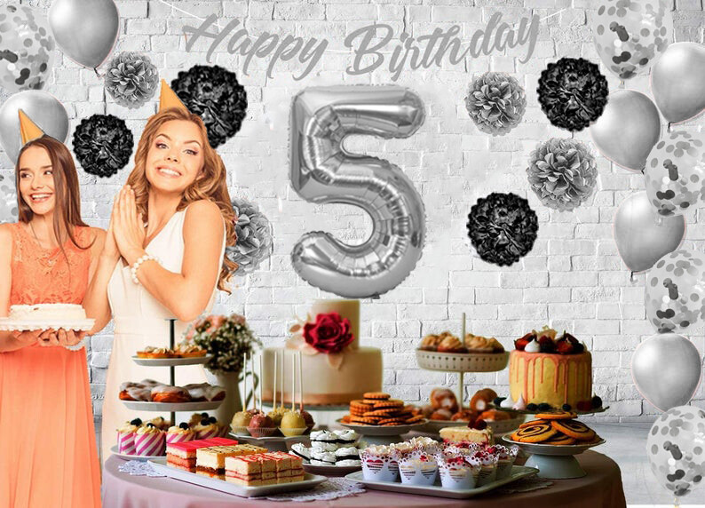 Silver & Black 5th Birthday Decorations - 40" Number Balloons & More Boy or Girl gallery