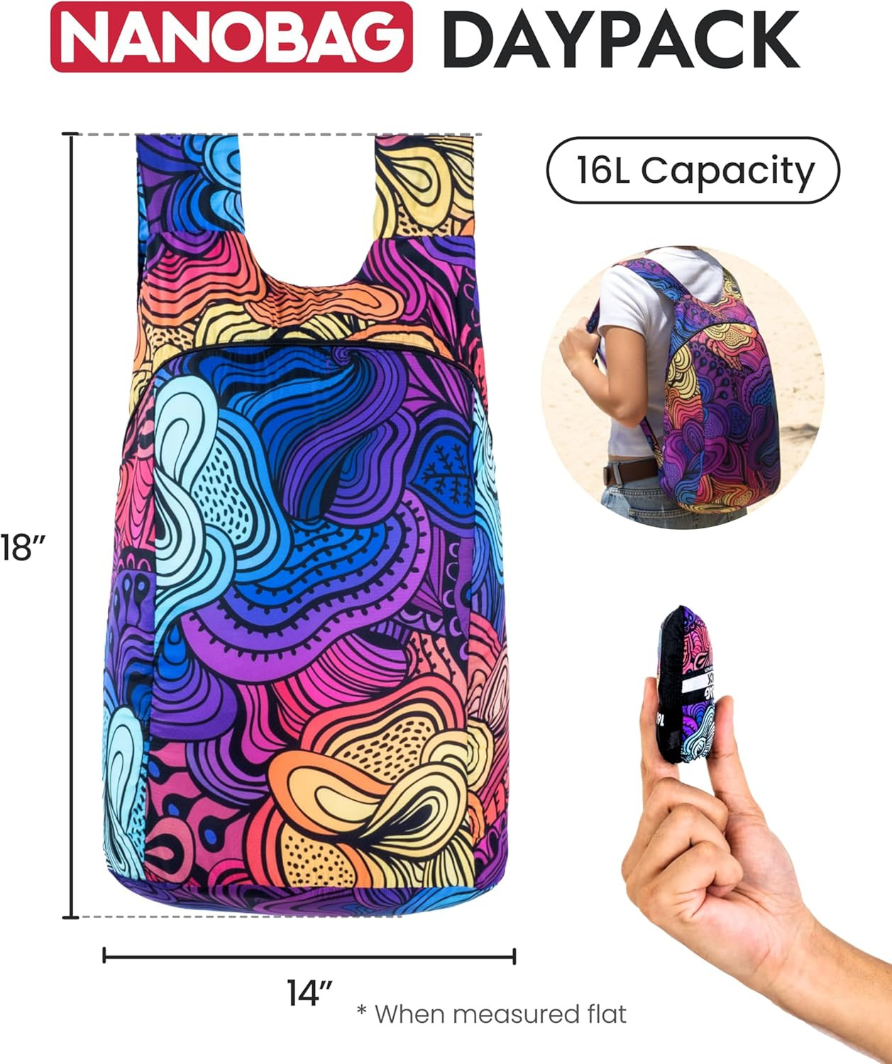 Daypack - Ultralight 16L Foldable Travel & Hiking Backpack, Reusable, Packable, 4