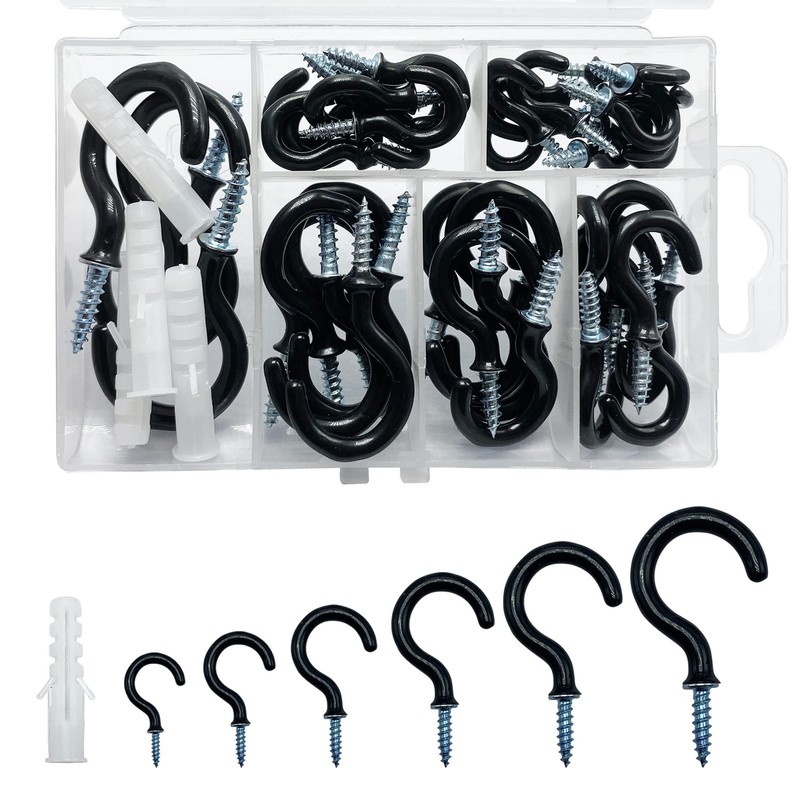 Small Black Screw-in Hooks Assorted Kit with Plugs, 1/2", 5/8", 3/4", 7/8", 1", gallery
