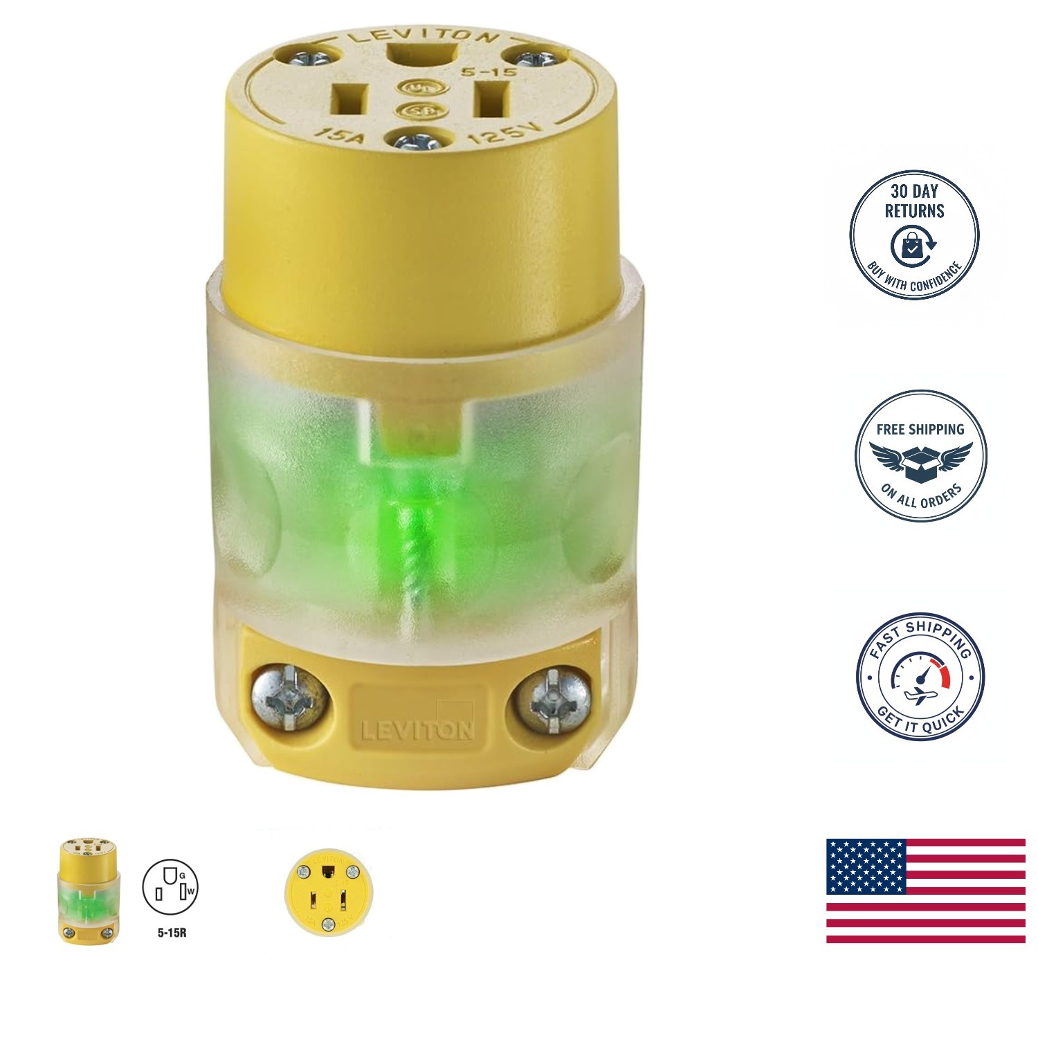 Grounding Lighted Cord End Replacement Plug - Green, 125V Safety Indicator gallery
