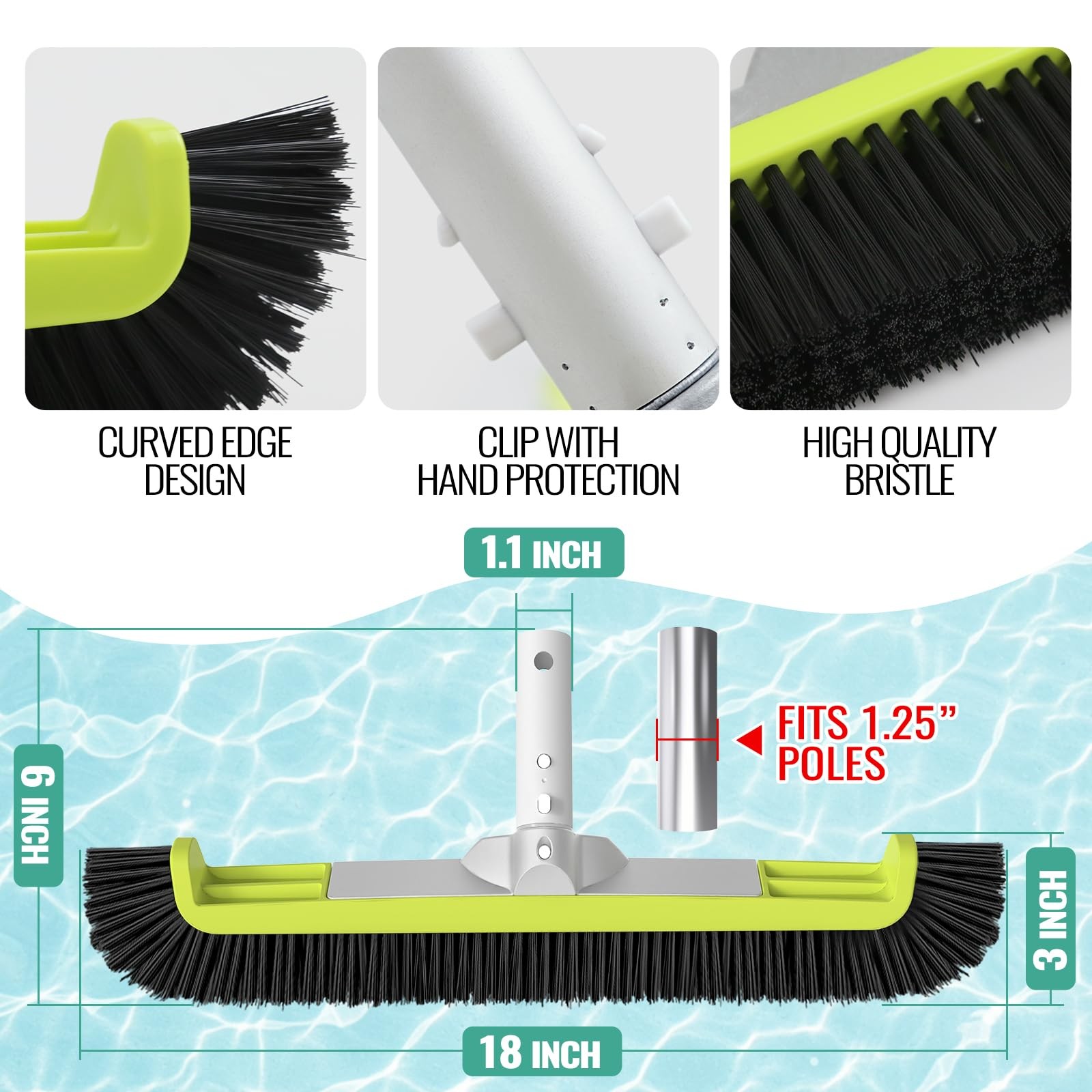 18" Pool Brush Head for Cleaning Swimming Pool Walls Curved Ends Green & Black gallery