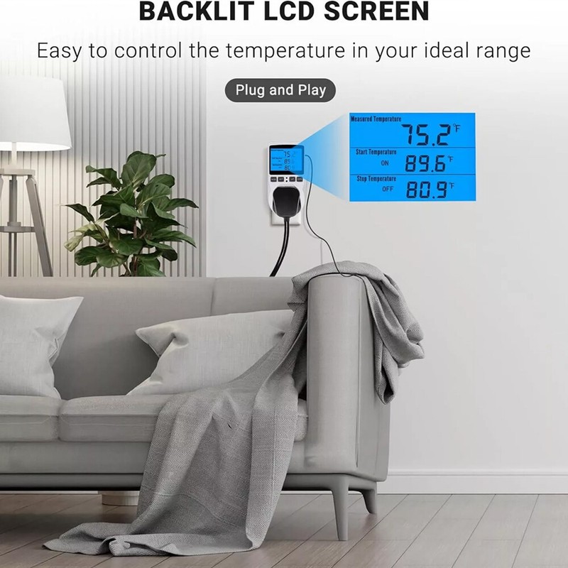 Digital Thermostat Outlet Plug Temperature Controller Heating Cooling w/ ProbejG gallery