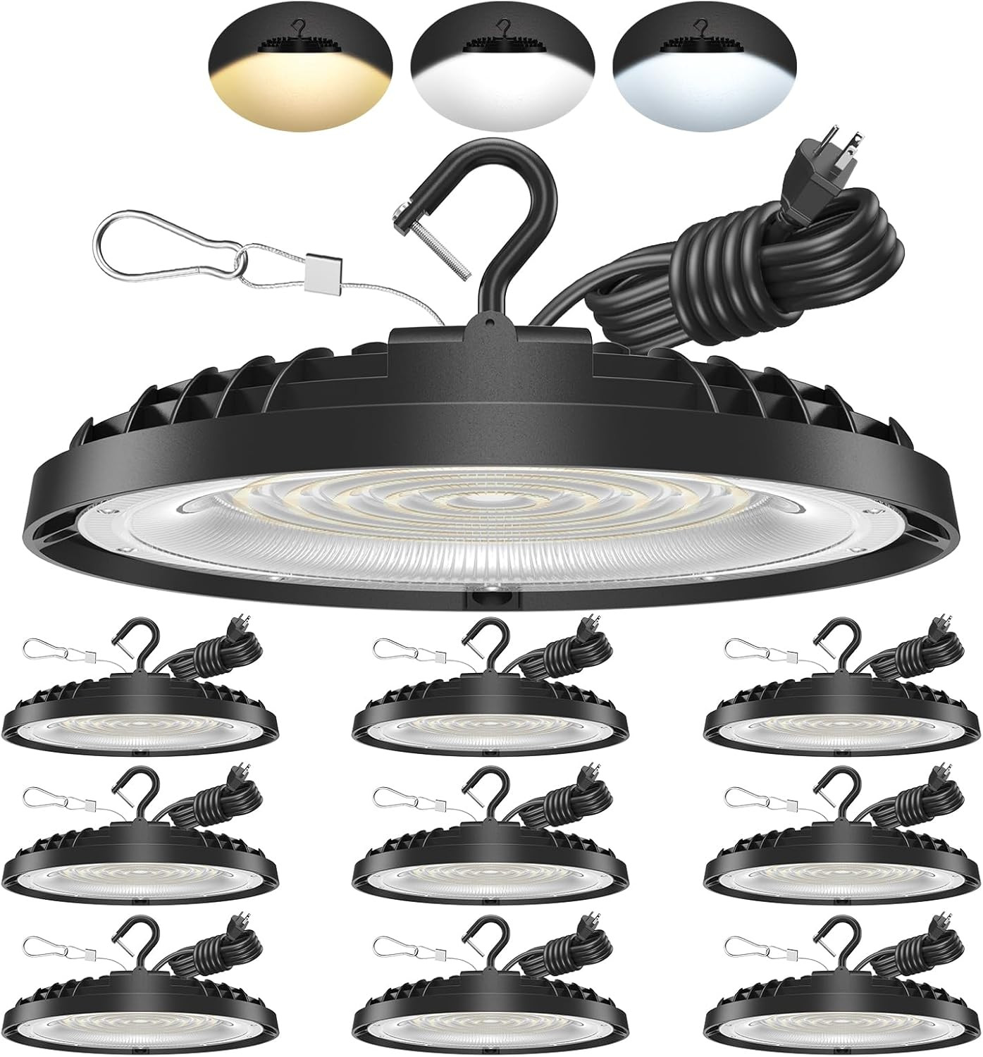 150W UFO LED High Bay Light 10 Pack, Adjustable & 3-Color Temp, 21,000LM gallery