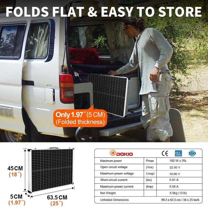 DOKIO Portable Foldable Solar Panel Kit 100W Solar Suitcase Caravan Boat Camper gallery