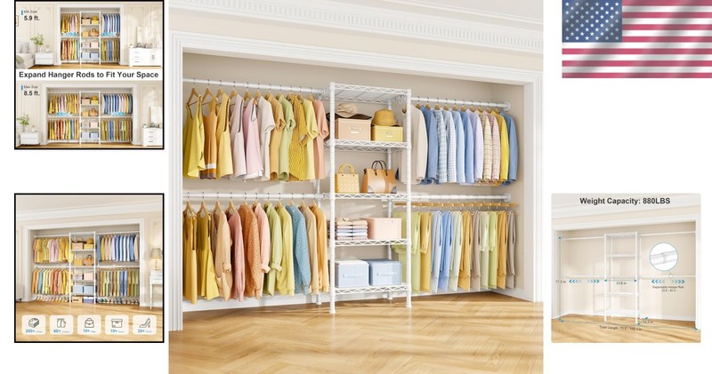 M2 Wall Mounted Closet System, White, 5 Shelves, 4 Rods gallery