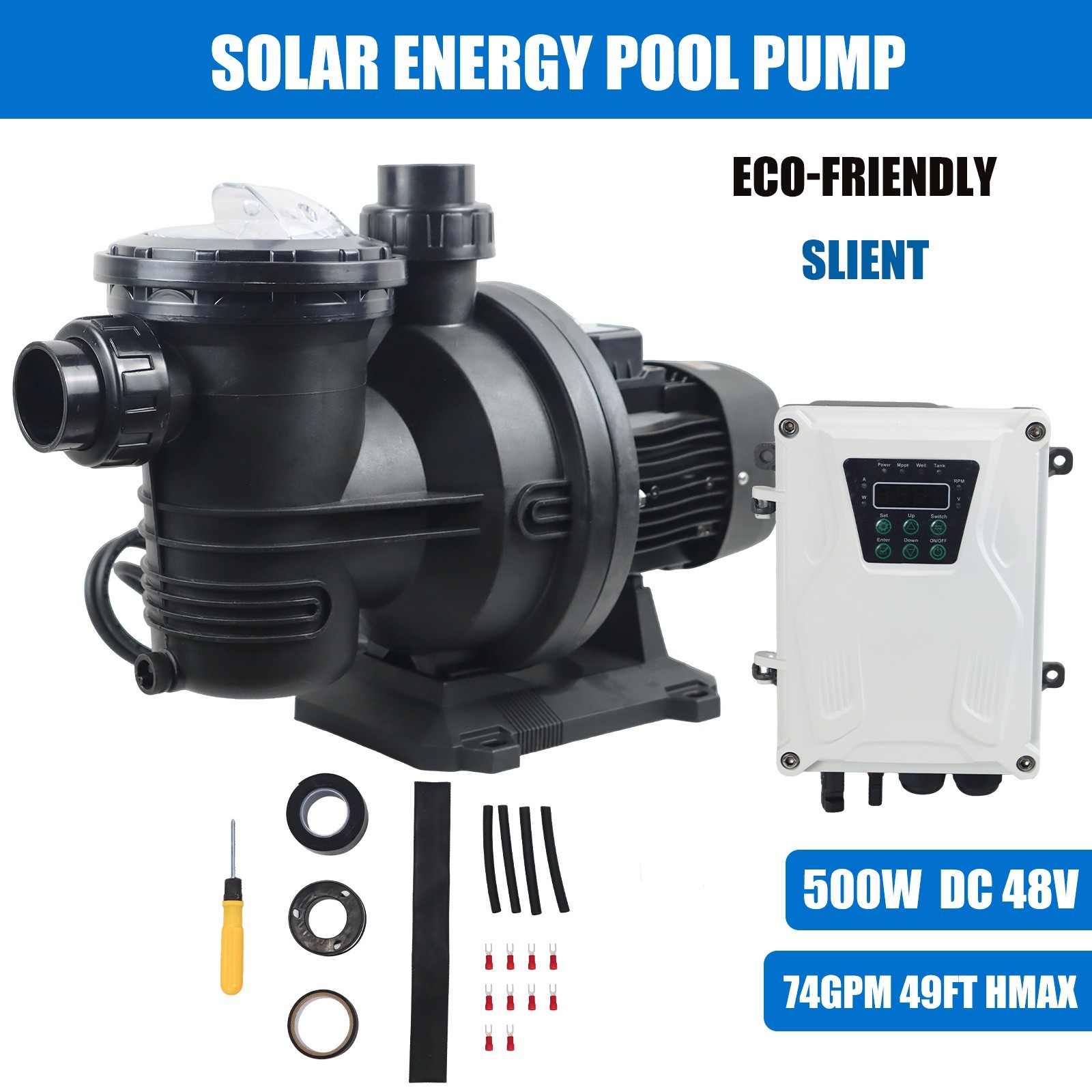 500W Solar Pump Inground Swimming Pool Pump DC48V Brushless Motor 74GPM 49' Hmax gallery