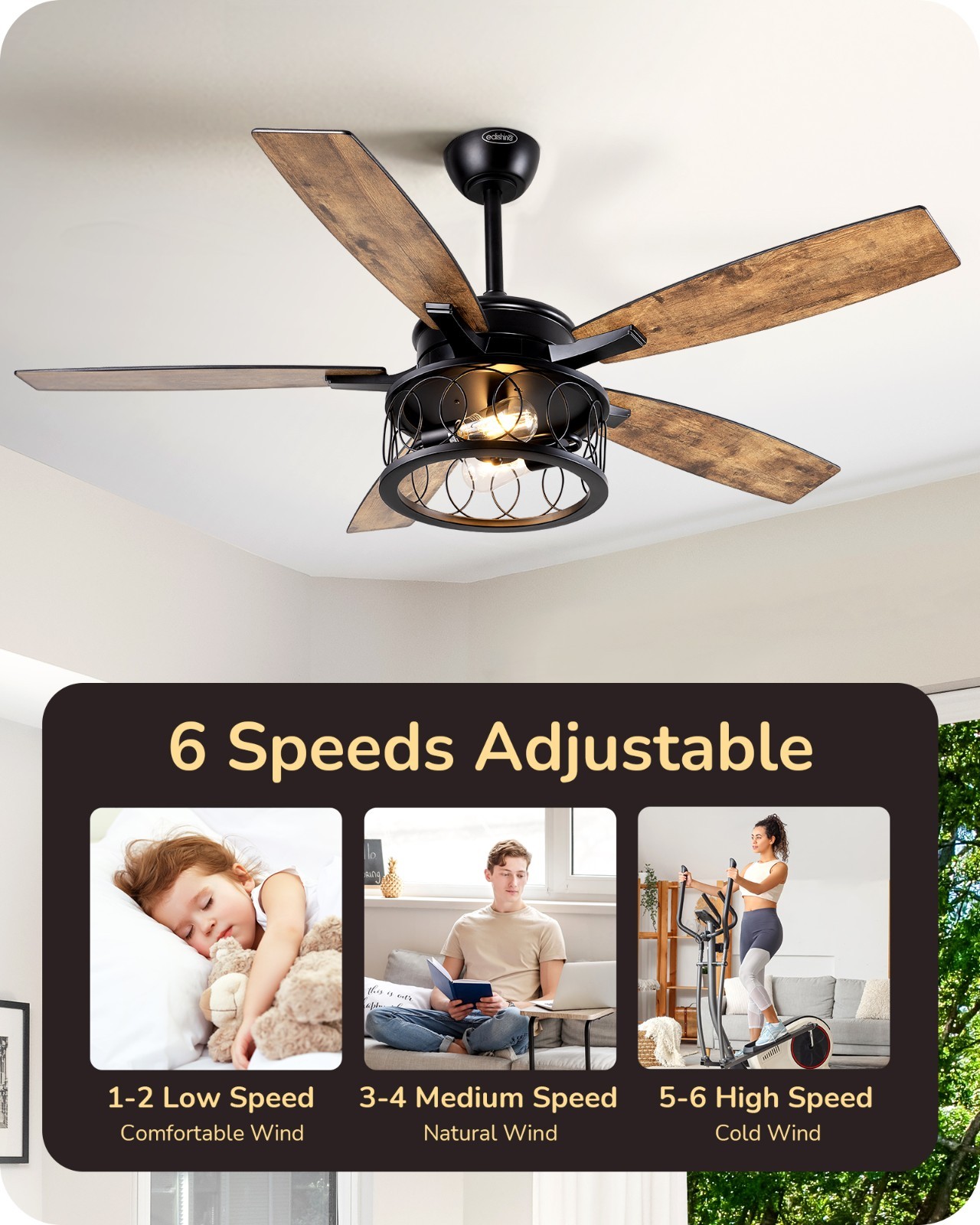 EDISHINE Farmhouse Ceiling Fans w/ Lights & Remote,6 Speeds Reversible DC Motor gallery