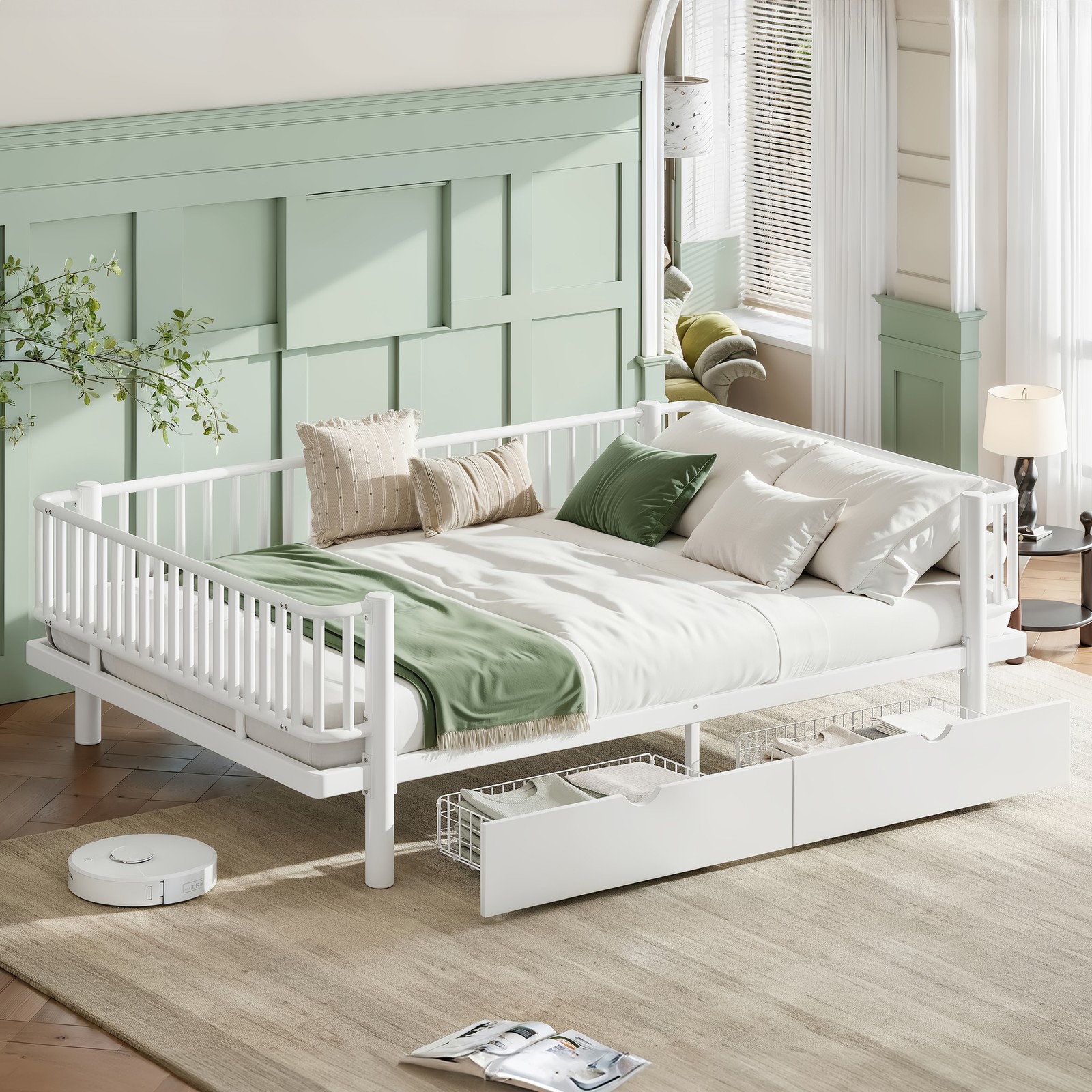 Queen Size Metal MDF Platform Bed Frame Daybed Slatted W/ Storage Drawers White gallery