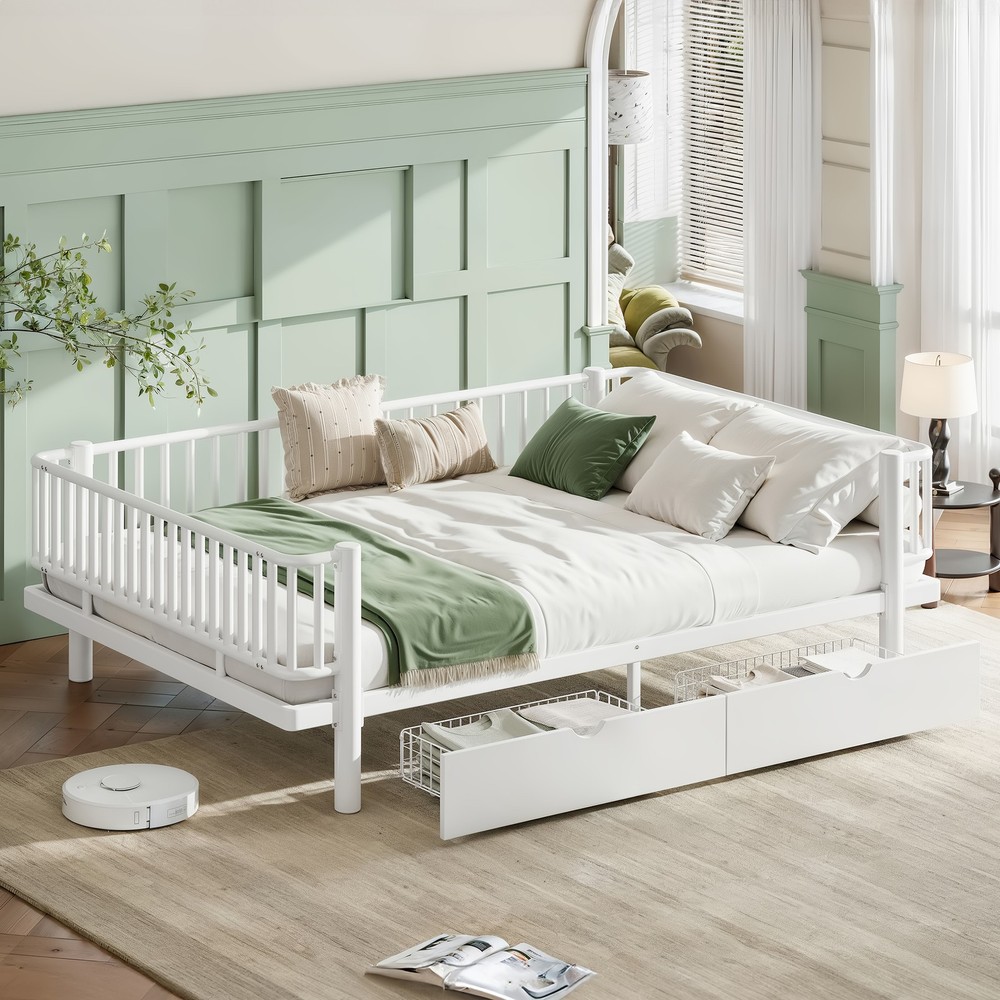 Queen Size Metal MDF Platform Bed Frame Daybed Slatted W/ Storage Drawers White